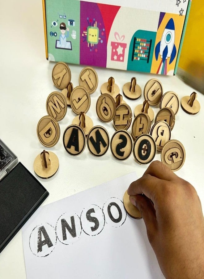 Ansoz Wooden English Alphabet Stamps with Ink Box, Educational Learning Kit - Image 1